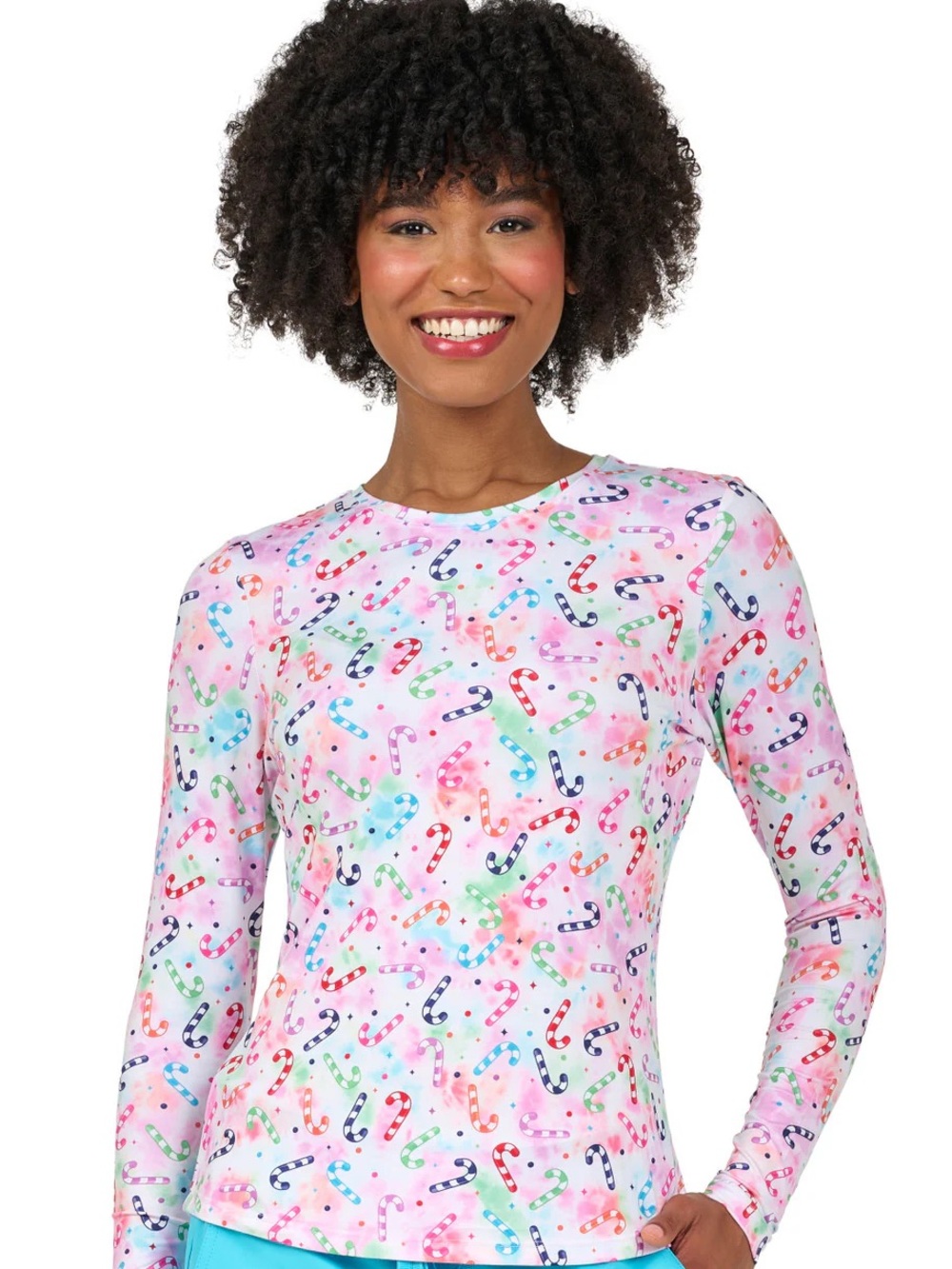 NWT Zavate Women’s Pink Long-Sleeve Candy Cane Underscrub Print Top
